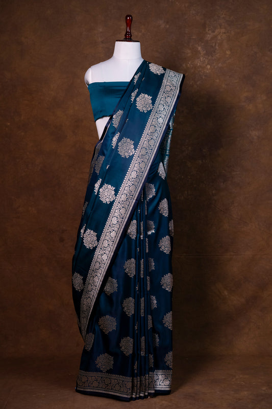 Teal Blue Pure Banarasi Mashru Silk Saree with Elegant Silver Zari Motifs