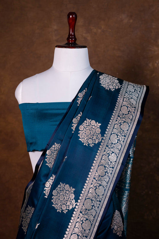 Teal Blue Pure Banarasi Mashru Silk Saree with Elegant Silver Zari Motifs
