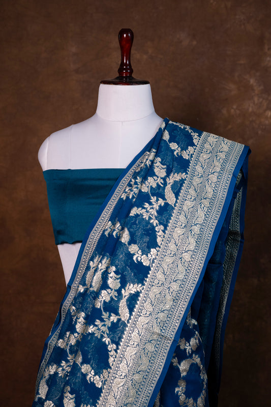 Royal Blue Banarasi Khaddi Silk Saree with Silver Zari Weaving