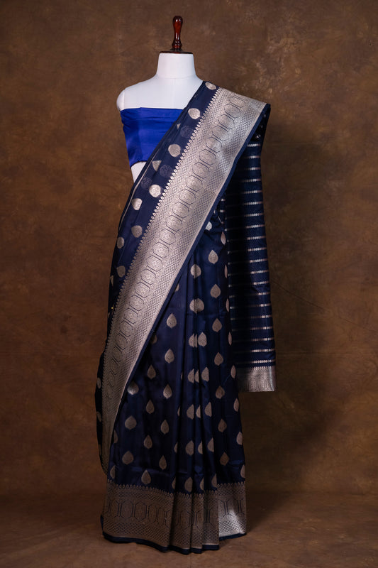 Navy Blue Banarasi Kela Silk Saree with Silver Zari Motifs