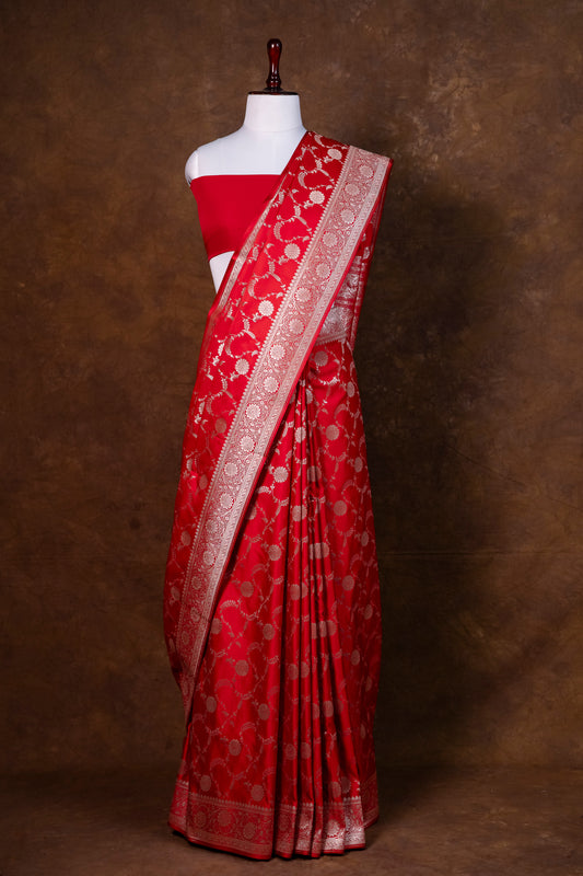 Red Pure Banarasi Mashru Silk Saree with Silver Zari Floral Weaving