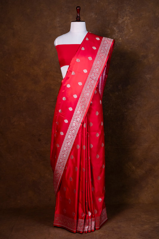 Red Pure Banarasi Mashru Silk Saree with Gold Motifs