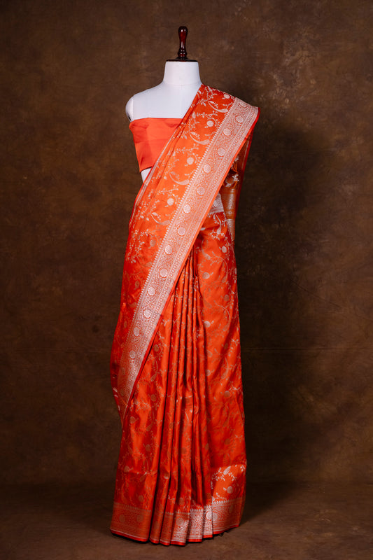 Orange Pure Banarasi Mashru Silk Saree with Silver Zari Work