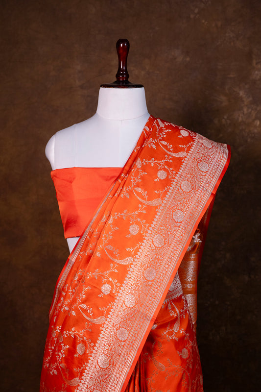 Orange Pure Banarasi Mashru Silk Saree with Silver Zari Work