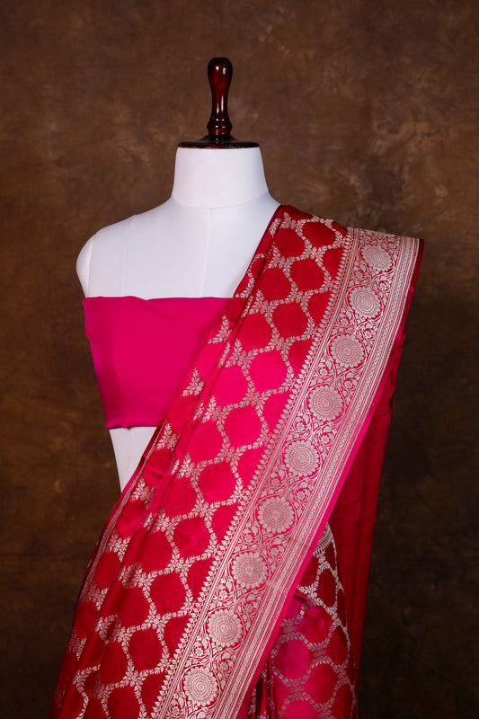 Red Pure Banarasi Mashru Silk Saree with Rich Zari Weaving