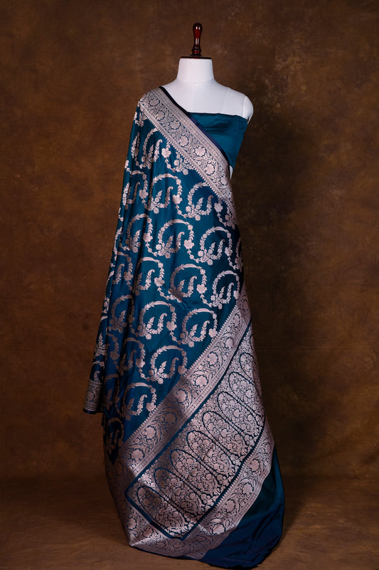Teal Blue Pure Banarasi Mashru Silk Saree with Silver Zari Work