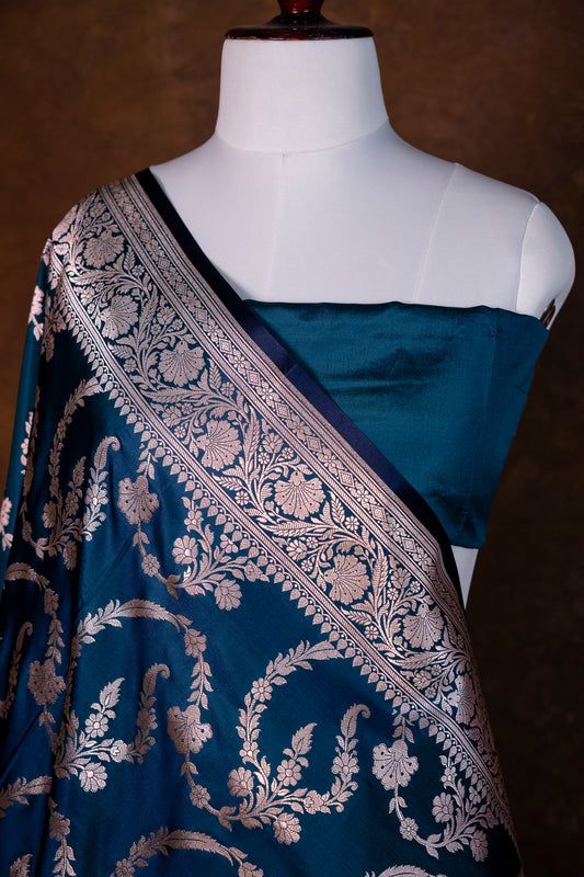 Teal Blue Pure Banarasi Mashru Silk Saree with Silver Zari Work