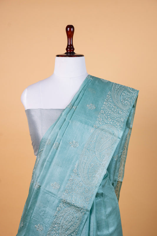 Powder Blue Tussar Silk Saree with Subtle Hand Embroidery