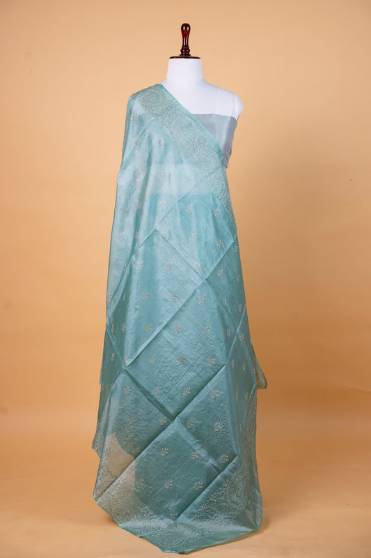 Powder Blue Tussar Silk Saree with Subtle Hand Embroidery