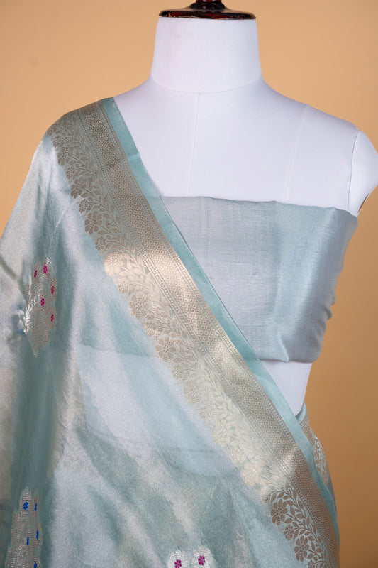 Aqua Blue Pure Tissue Silk Saree with Floral Zari Accents