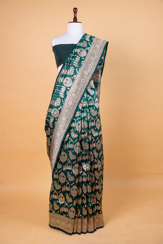 Pure Katan Meena jaal Silk Saree in Deep Teal Green