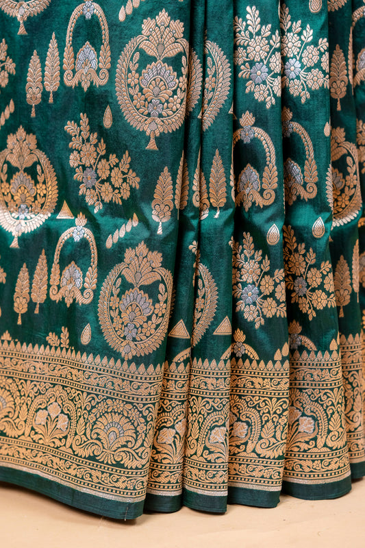 Pure Katan Meena jaal Silk Saree in Deep Teal Green