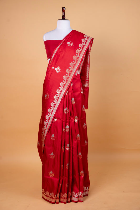 Pure Katan Meena Booti Silk Saree in Classic Scarlet Red
