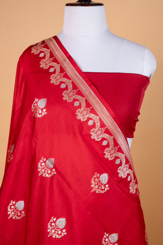 Pure Katan Meena Booti Silk Saree in Classic Scarlet Red