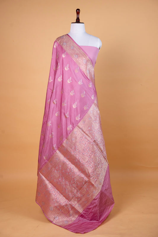 Pure Katan Meena Booti Silk Saree in Rose Pink