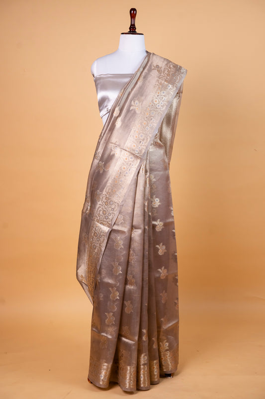 Pure Tissue Silk Saree in Smoky Grey with Antique Gold Zari