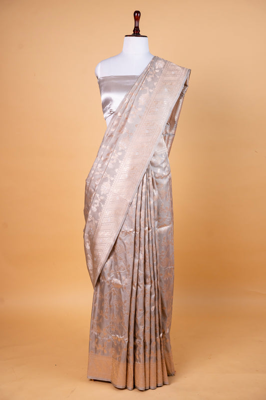 Pure Katan Silk Saree – Subtle Elegance in Ivory Gold ! Gray , Steel Colore !
