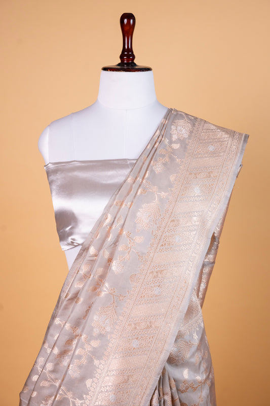 Pure Katan Silk Saree – Subtle Elegance in Ivory Gold ! Gray , Steel Colore !