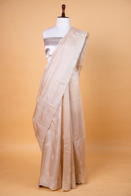 Pure Tussar Silk Saree with Delicate White Embroidery in Natural Beige