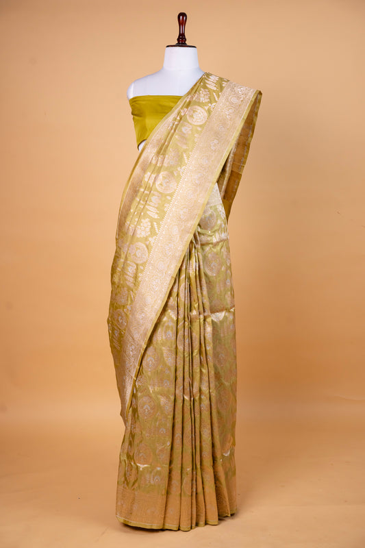 Pure Katan Silk Saree in Olive Green with Antique Gold Zari