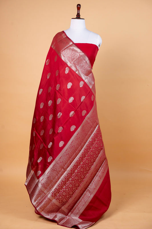 Pure Chinia Silk Saree in Deep Red with Silver Zari Accents