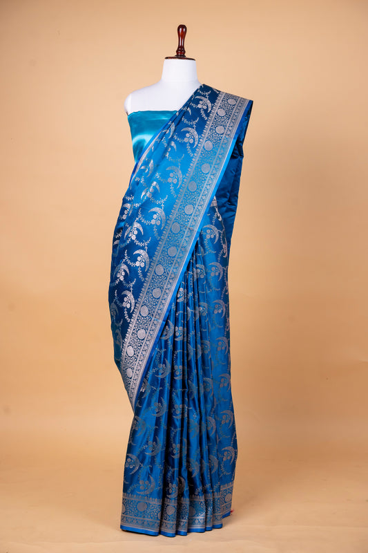 Royal Blue Pure Banarasi Mashru Silk Saree with Silver Zari Floral Weaving