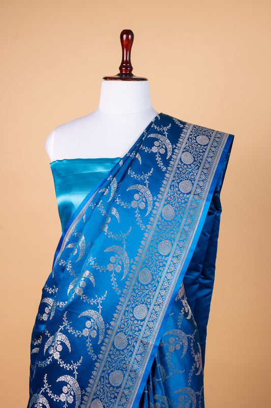 Royal Blue Pure Banarasi Mashru Silk Saree with Silver Zari Floral Weaving
