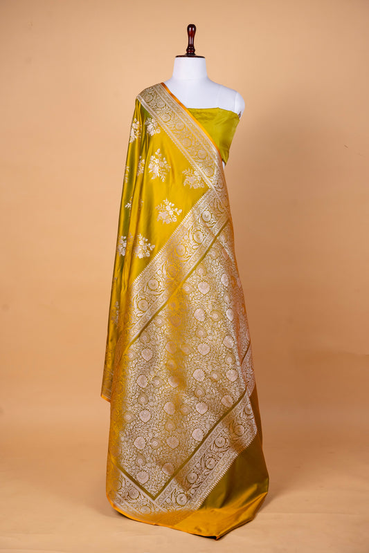 Mustard Pure Banarasi Mashru Silk Saree with Antique Gold Zari Border