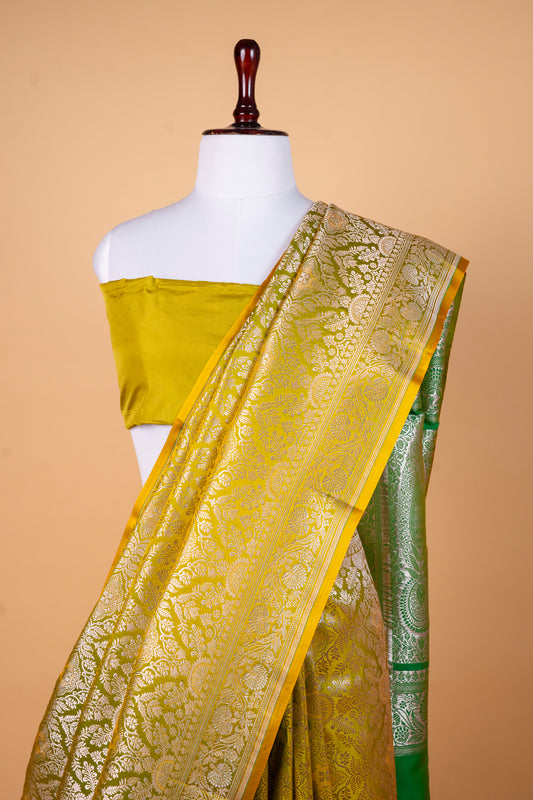 Olive Gold Pure Banarasi Mashru Silk Saree with Rich Zari Weave and Green Contrast Pallu