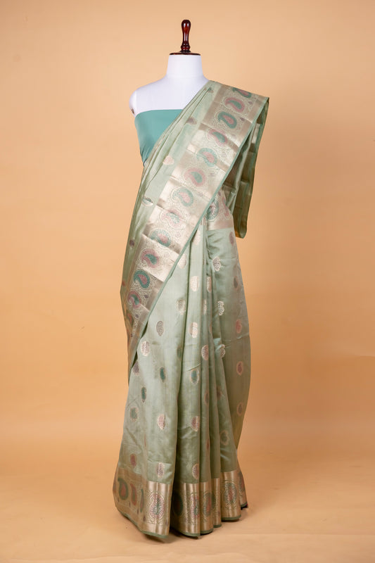Mint Green Pure Chiniya Silk Saree with Handworked Meena Motifs