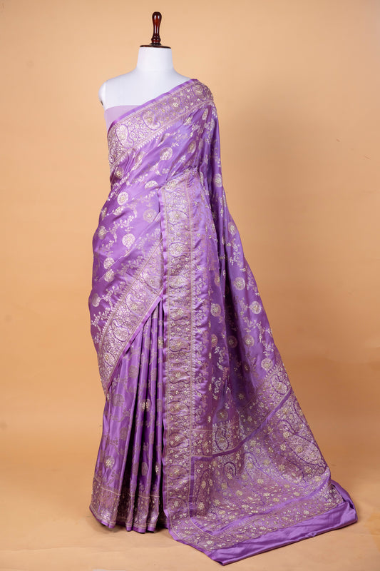 Lavender Pure Banarasi Mashru Silk Saree with Hand Zardozi Work