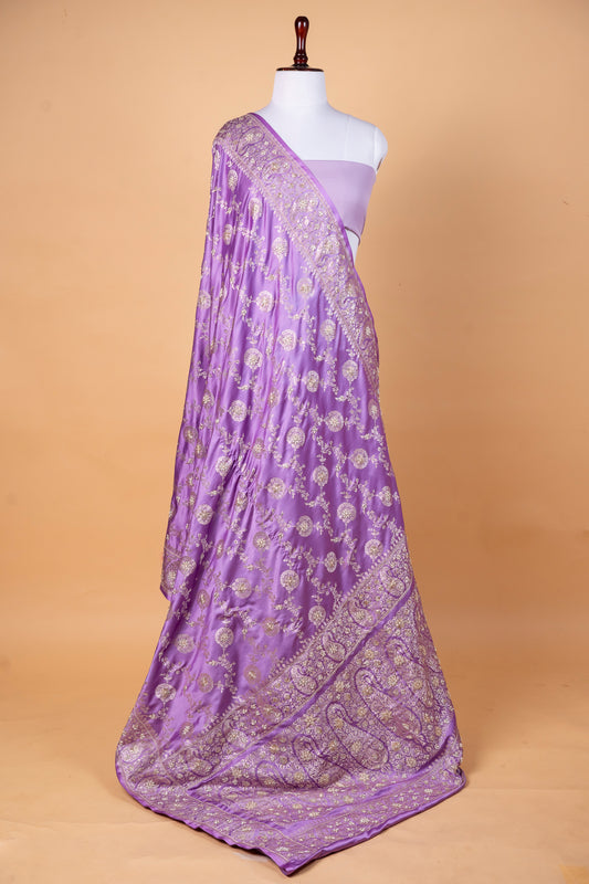Lavender Pure Banarasi Mashru Silk Saree with Hand Zardozi Work
