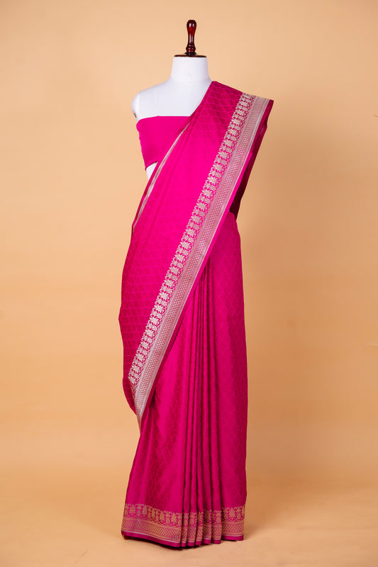 Vibrant Rani Pink Pure Banarasi Mashru Silk Saree with Silver Zari Floral Weaving