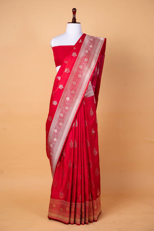 Classic Red Pure Banarasi Mashru Silk Saree with Silver Zari Border