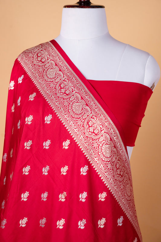 Pure Katan Silk Saree in Classic Red with Silver Zari Butti Work