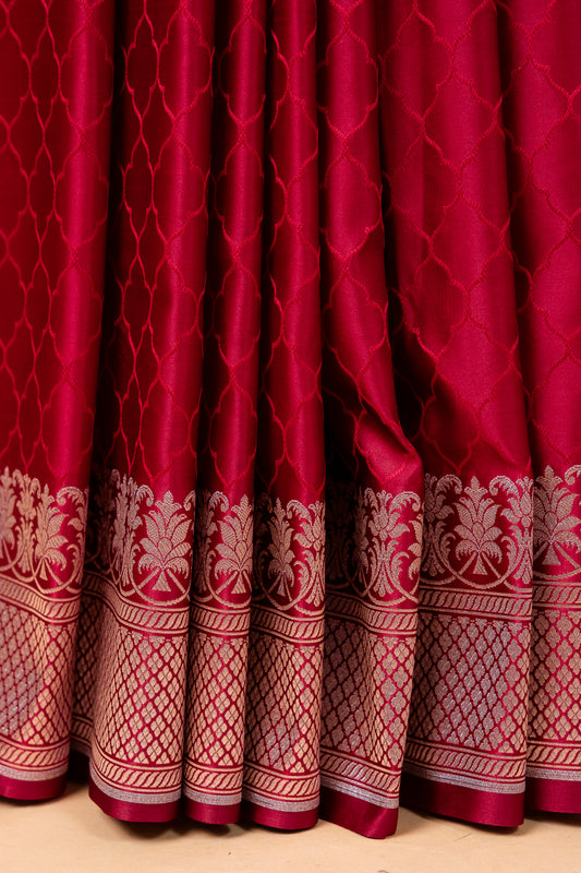 Deep Maroon Pure Banarasi Mashru Silk Saree with Silver Zari Border