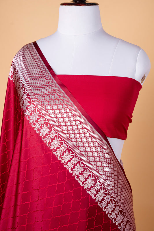 Deep Maroon Pure Banarasi Mashru Silk Saree with Silver Zari Border