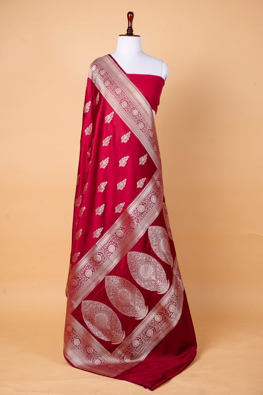 Deep Mehroon Red Pure Banarasi Mashru Silk Saree with Silver Zari Border