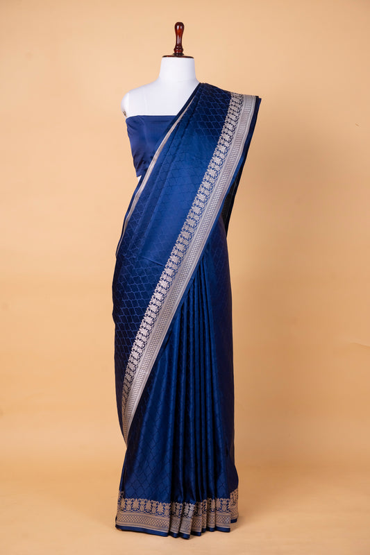 Deep Navy Blue Pure Banarasi Mashru Silk Saree with Silver Zari Border