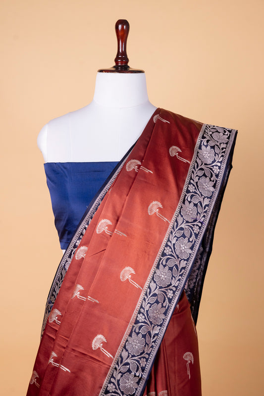 Burnt Rust Pure Banarasi Mashru Silk Saree with Contrast Navy Border