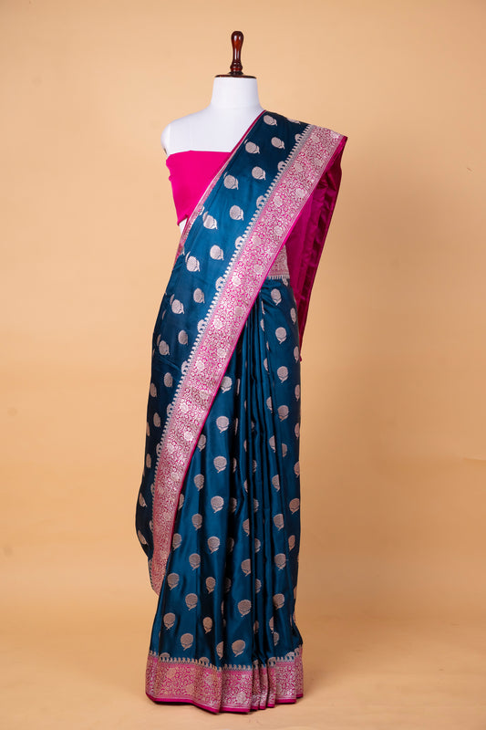 Teal Blue Pure Banarasi Mashru Silk Saree with Contrast Magenta Border