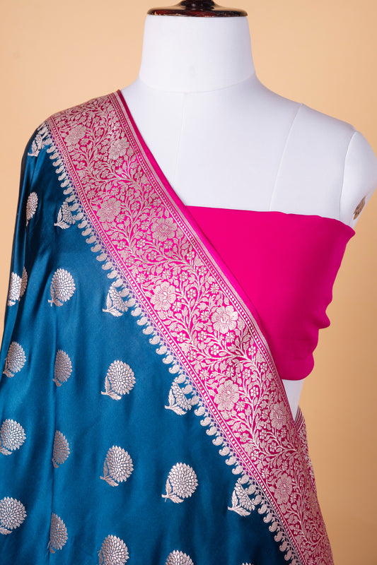 Teal Blue Pure Banarasi Mashru Silk Saree with Contrast Magenta Border