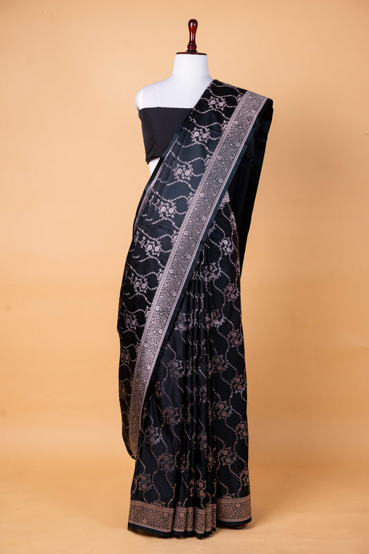 Classic Black Pure Banarasi Mashru Silk Saree with Silver Woven Elegance