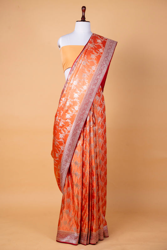 Vibrant Orange Pure Banarasi Mashru Silk Saree with Silver Floral Weave