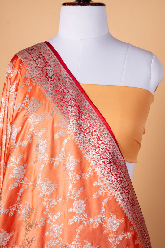 Vibrant Orange Pure Banarasi Mashru Silk Saree with Silver Floral Weave