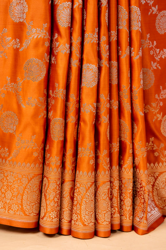 Mustard Orange Pure Banarasi Mashru Silk Saree with Intricate Silver Zari