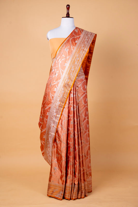Mustard Orange Pure Banarasi Mashru Silk Saree with Intricate Silver Zari