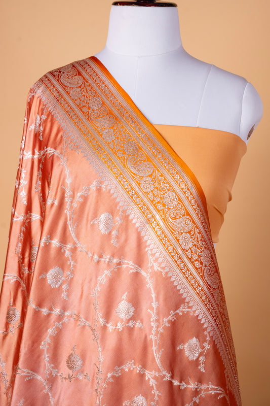 Mustard Orange Pure Banarasi Mashru Silk Saree with Intricate Silver Zari