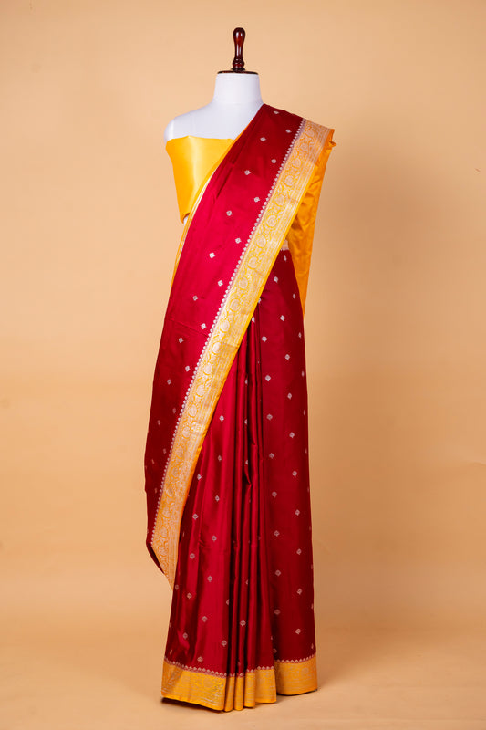 Regal Red Pure Banarasi Mashru Silk Saree with Golden Yellow Border