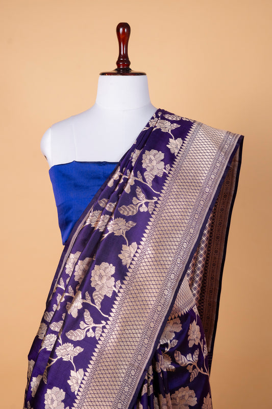 Pure Katan Banarasi Saree – Royal Indigo with Silver Zari Florals